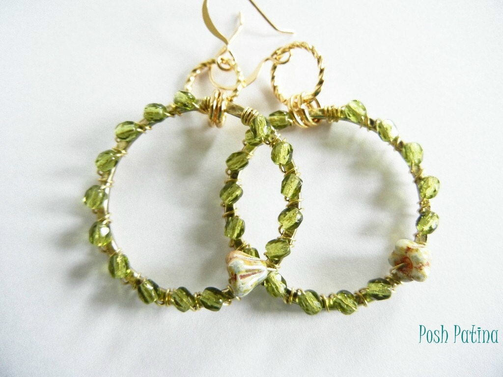 Secret Garden - Sage Green and Cream Blossom Wrapped Hoop Earrings