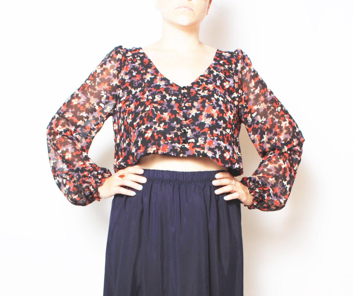 SALE Vintage Blouse Reworked Cropped Semi Sheer Floral Top - Small / Medium