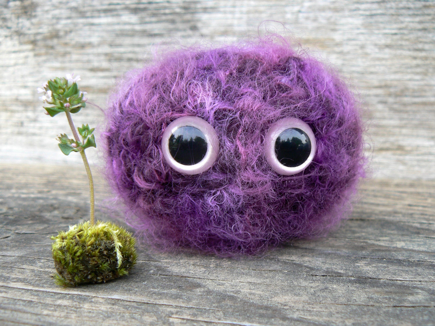 Purple Fuzz Scrappy Buddy Puff Ball with Pink Safety Eyes and Crocheted with Purple Fuzzy Yarn