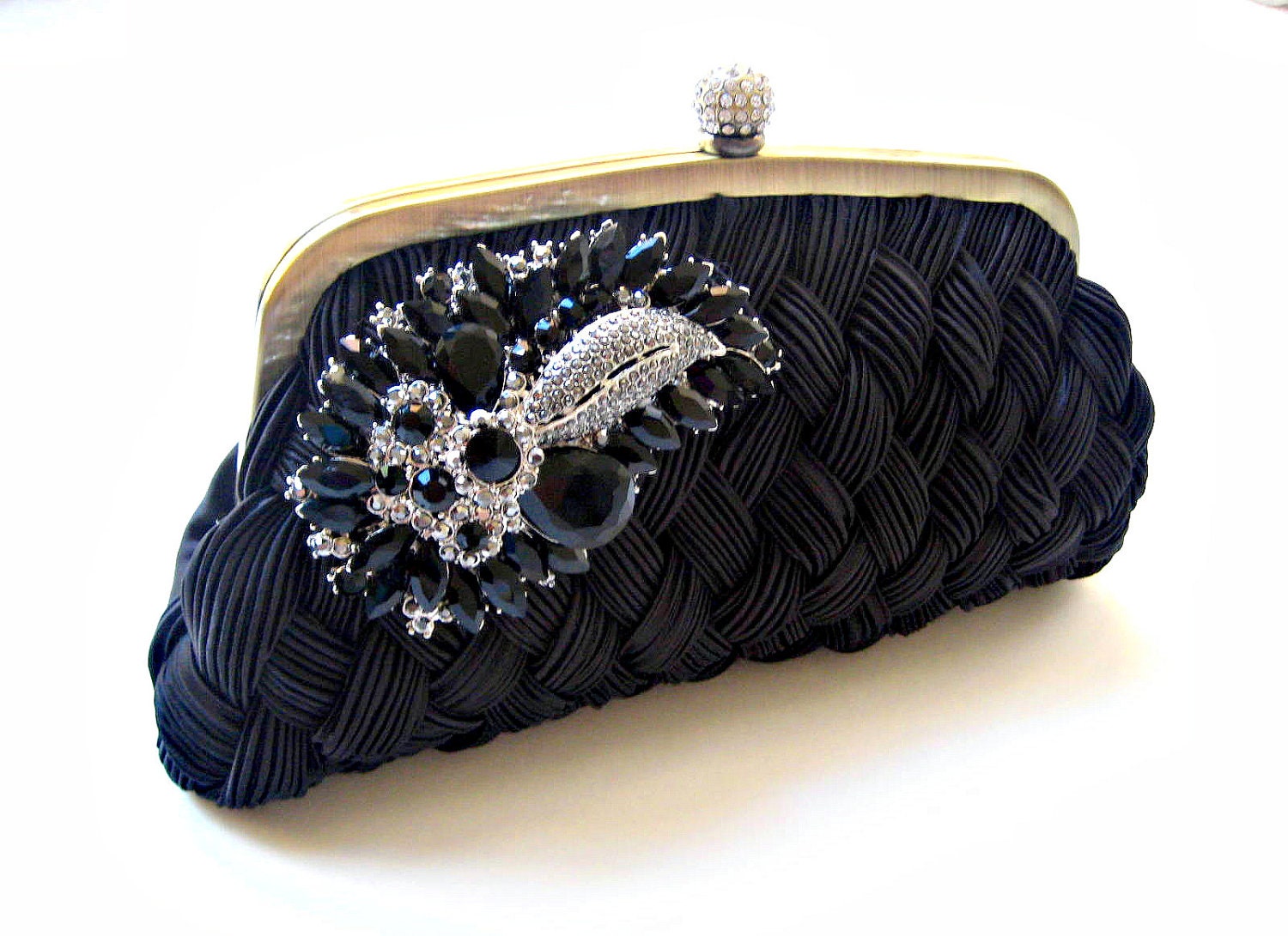 Bridal black woven satin evening clutch/purse with swarovski vintage jewel. NOIR CRYSTAL