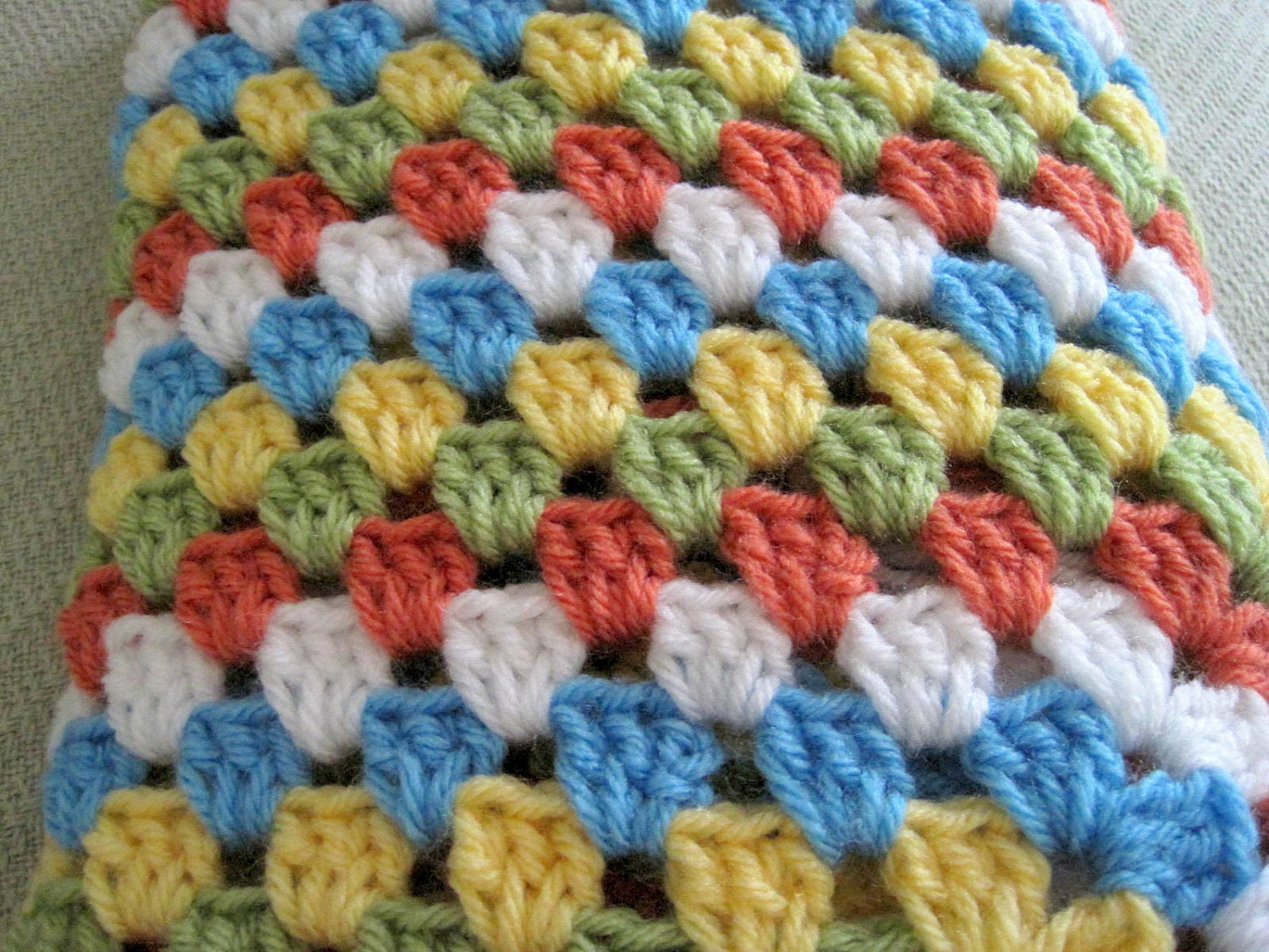 Crochet baby blanket granny square afghan blue green white orange yellow crib stroller handmade baby boy girl