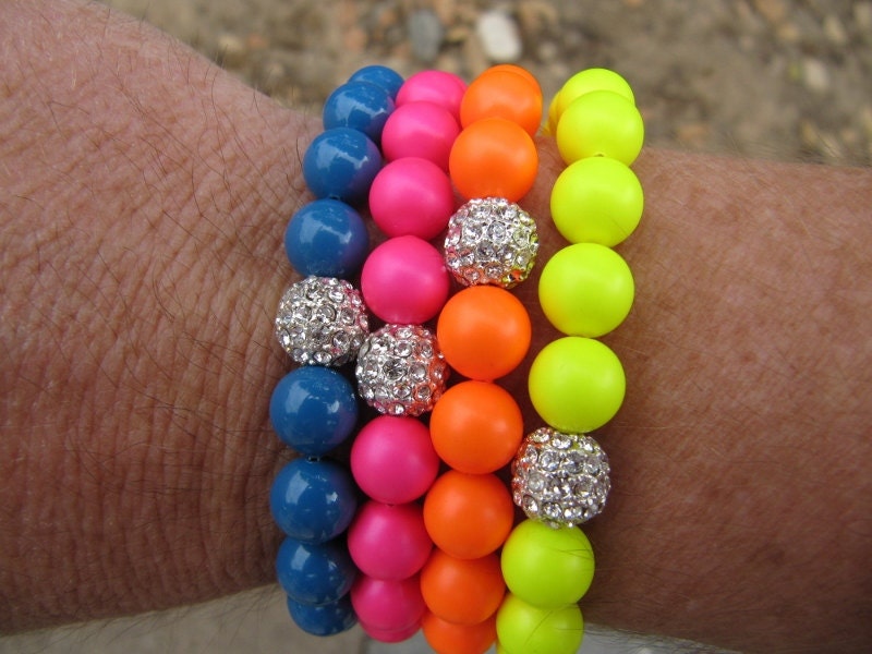 Neon Swarovski Silver Pave Bead Stretch Bracelet - Multi Colors