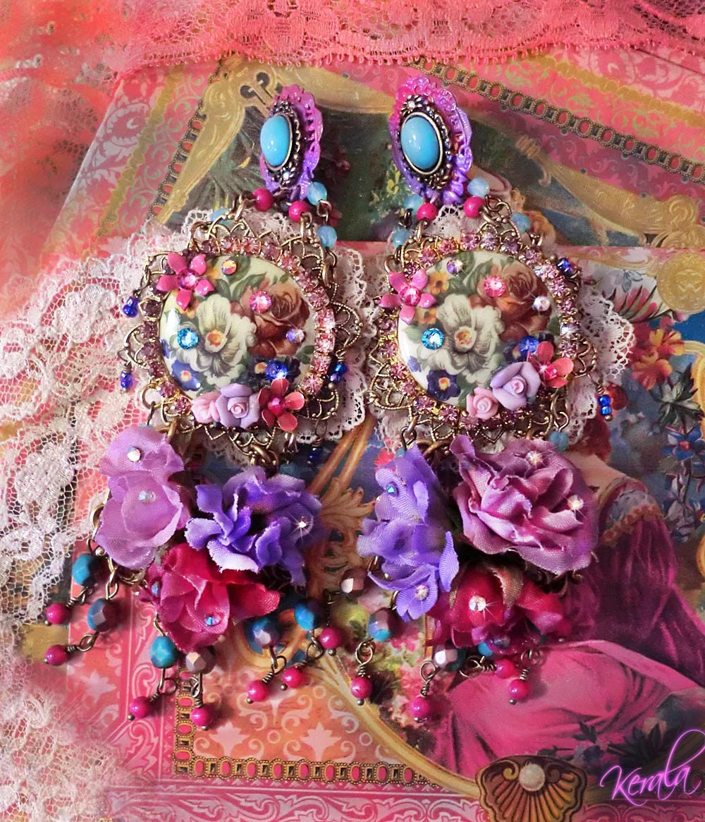 Feminine Flowers and Lace Ornate Shabby-Chic Earrings, Victorian Large Statement Earrings, Hot Pink Unique Earrings, Teal and Purple- MTO