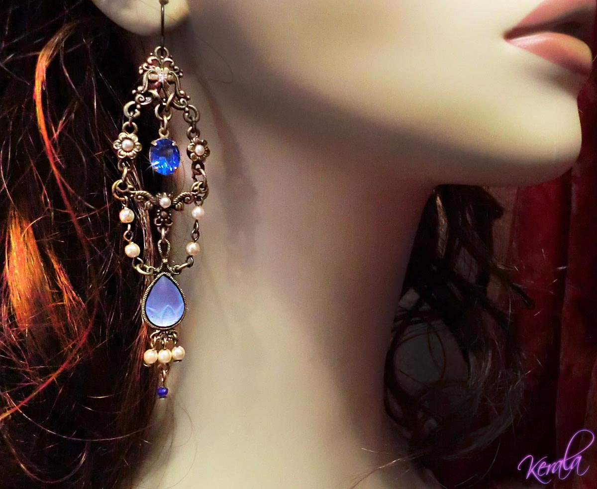 Victorian Chandelier Earrings- Sapphire Jewel and Creme Pearl - Antique, Vintage, Feminine,Edwardian-MTO