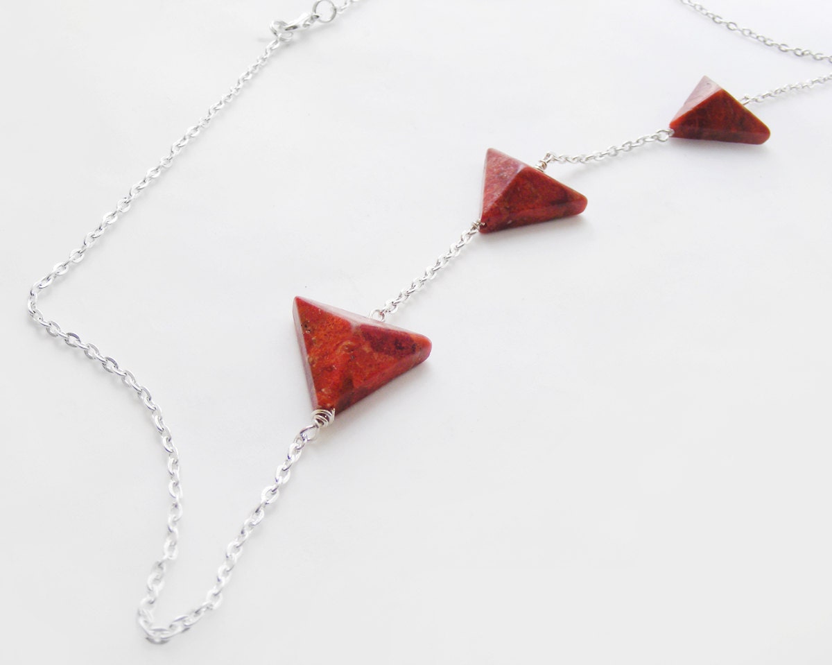 Coral arrow necklace, tribal triangle necklace, silver geometric jewelry, long coral necklace
