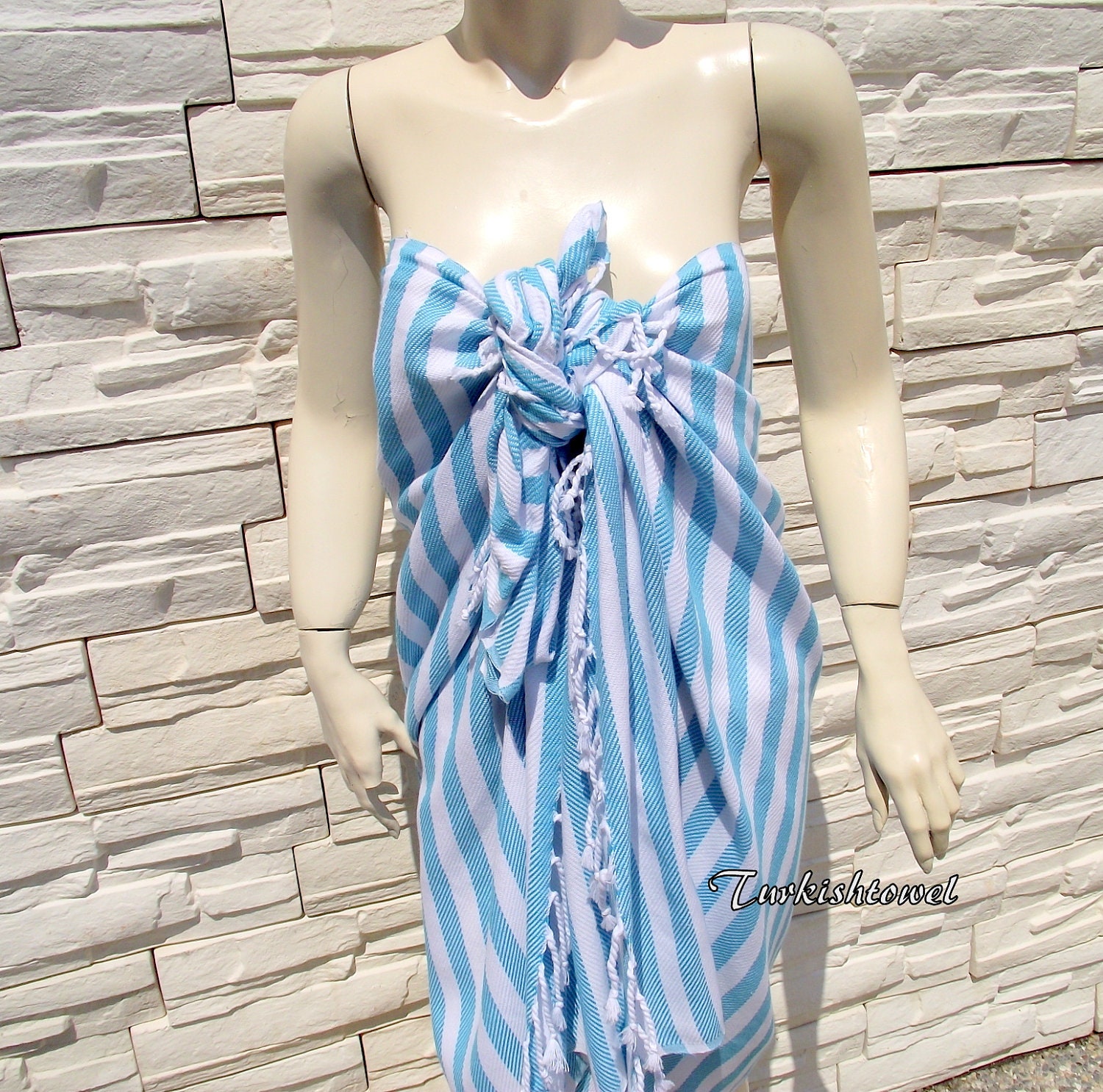 Turkishtowel-Soft-Highest Quality Pure Organic Cotton,Hand Woven,Cotton Bath,Beach,Travel Towel or Sarong-Aqua,Turquoise and White  Stripes