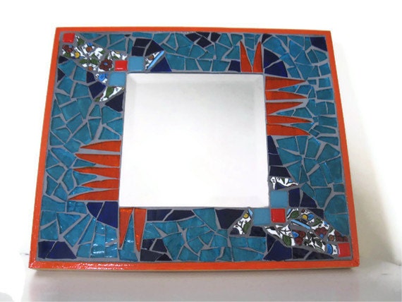 Mosaic Mirror Turquoise Orange Glass Armenian Broken china Art home decoration Mixed Media abstract Wall hanging