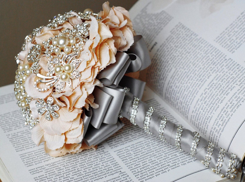 Vintage Bridal Brooch Bouquet Wedding Cake Topper - Pearl Rhinestone Crystal - Silver Peach Grey - 55% off - CT001LX