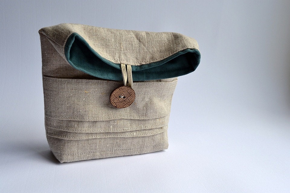 Folded flat clutch fabric pockets natural teal striped linen cotton handmade ready to ship