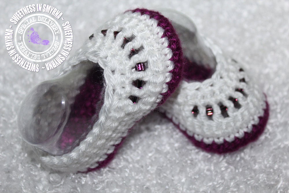 Baby Shoes, Crochet Baby Booties - Baby Girl Booties - Ballet Slippers - Purple, White, Beads, READY TO SHIP