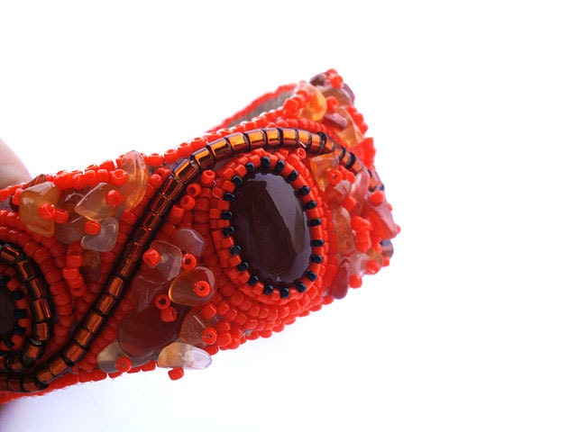 EBWC Bead embroidered cuff "Tangerine tango lure", beads embroidered bracelet, beaded bracelet cuff with carnelian CIJ