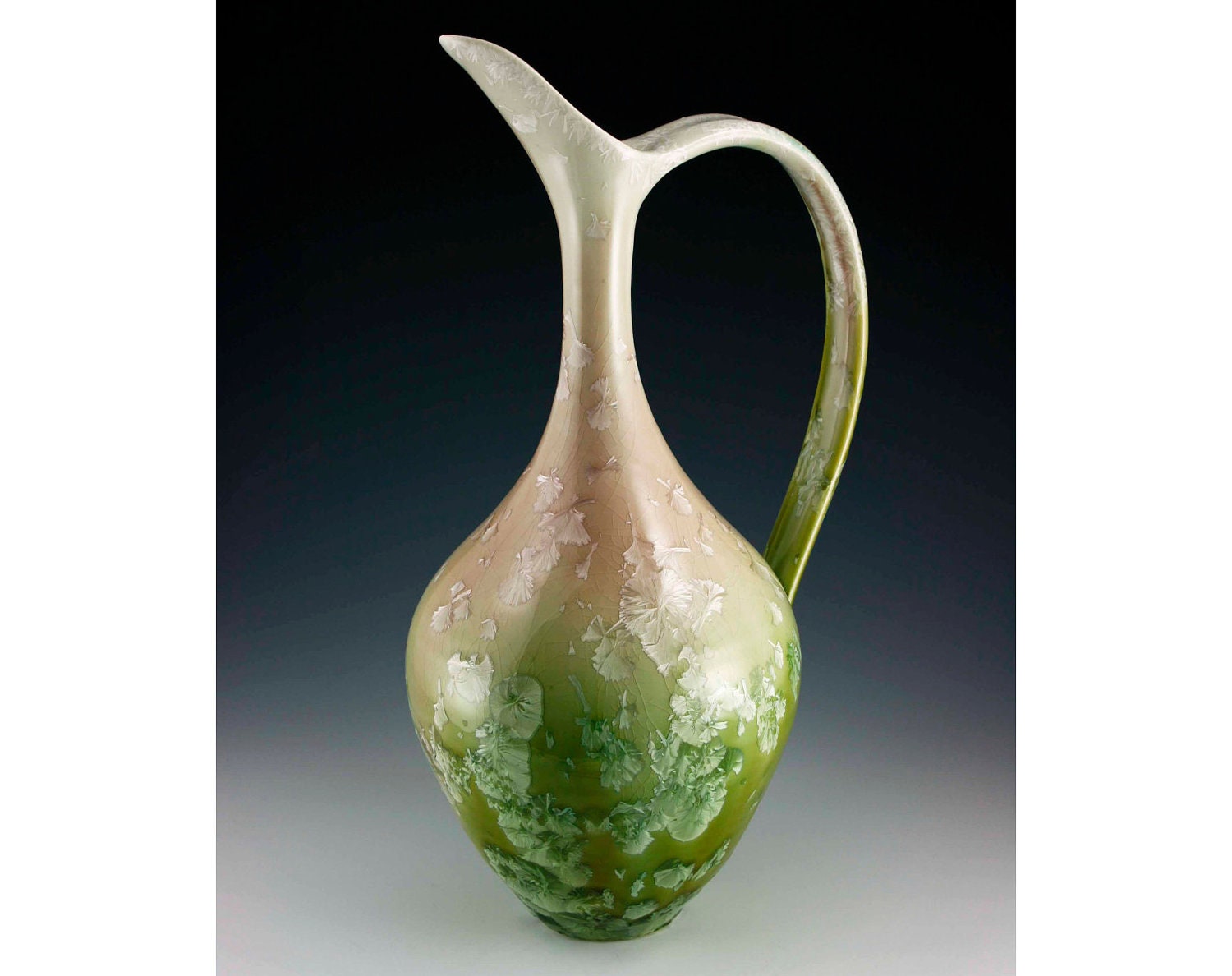 Green and White Pitcher, Crystalline Glazed Porcelain: Free US Shipping