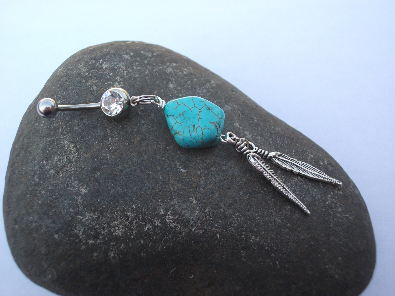 Turquoise Chunk with Feather Dangle Belly Ring 14 Gauge