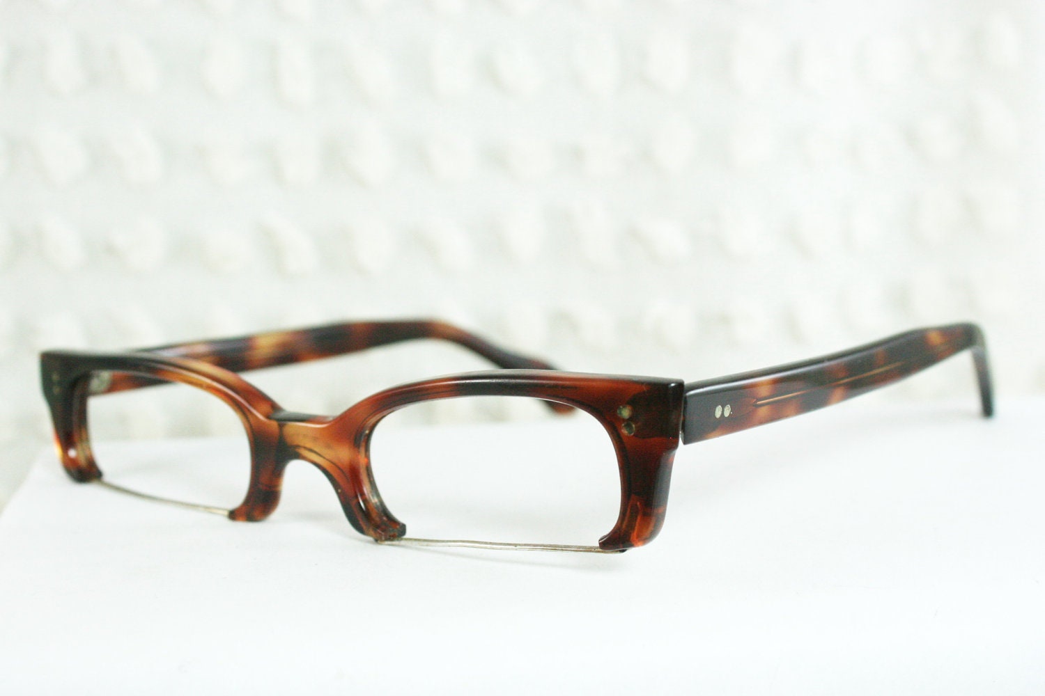 50s Eyeglasses 1950s Tortoise Glasses Square Zyl Horn Rim Half Frame Brown 50/24 Unisex Large Optical Frame