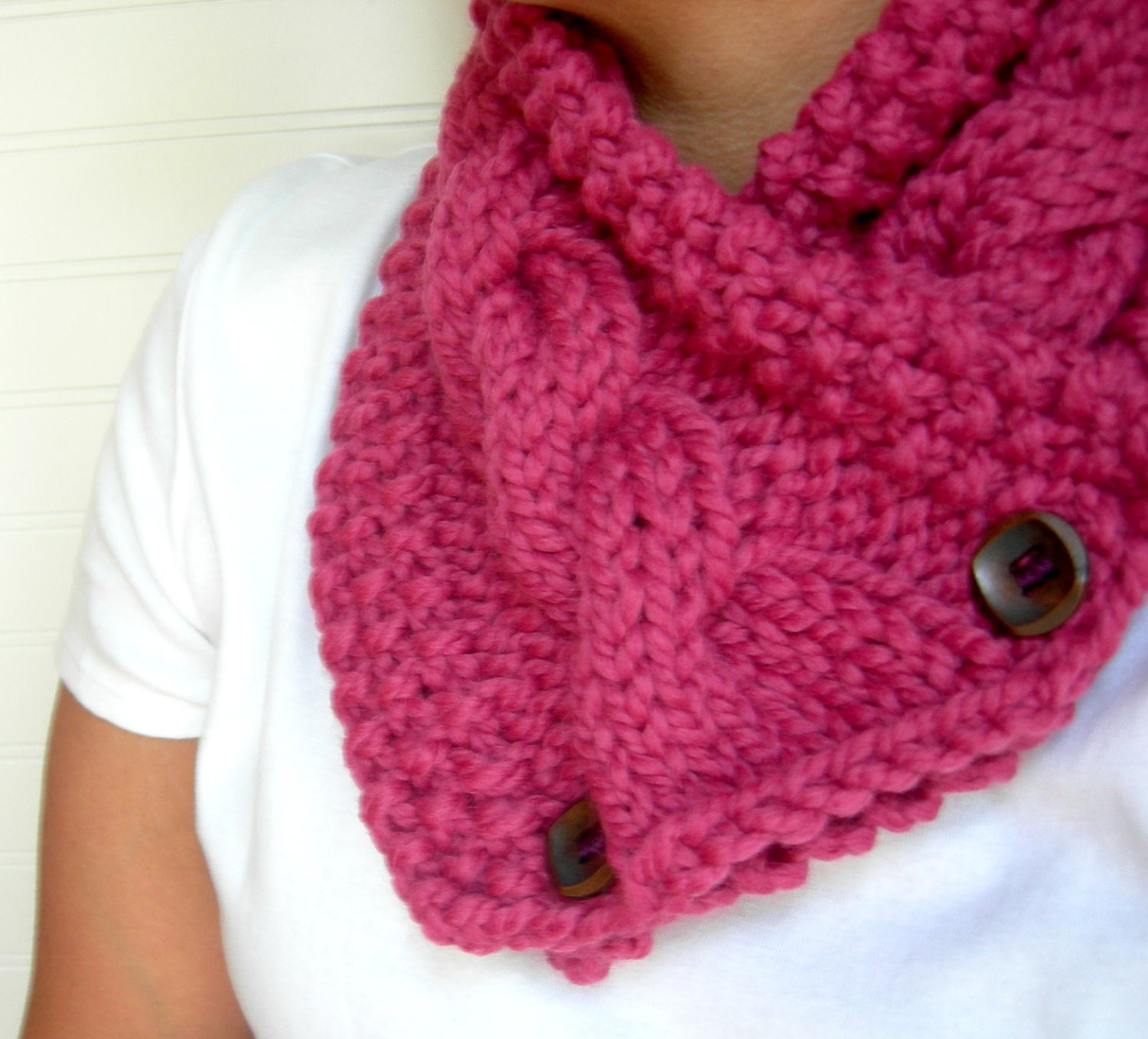 Raspberry Chunky Knitted Scarf, Cowl Neckwarmer, Pink Flambe