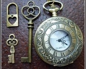 Wholesale Lot Steampunk pocket watch Alice in Wonderland necklace pendant charm tea pot cup tea cup  skeleton key 94 antique  bronze