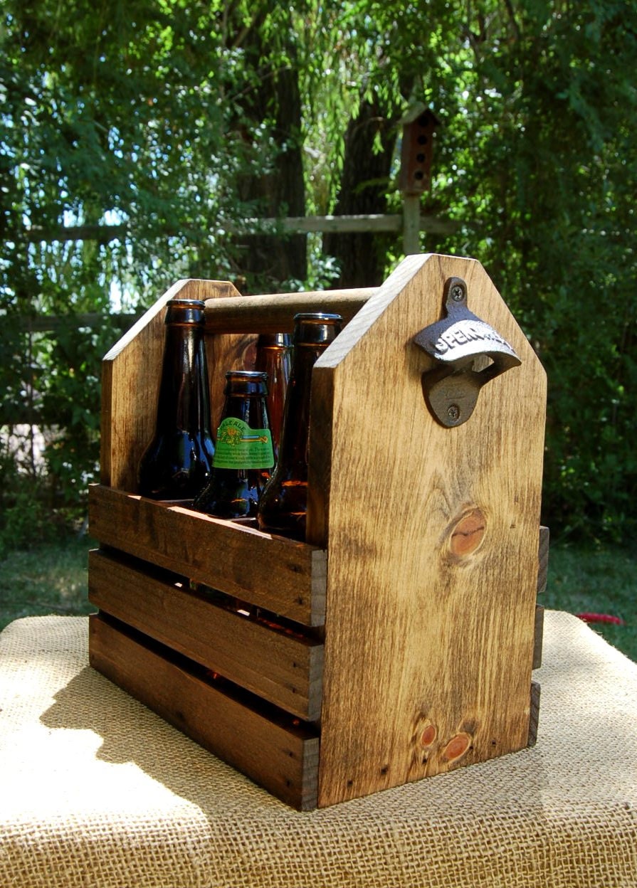 PERSONALIZED Six Pack Wood 12oz Beer Bottle Carrier - Handcrafted w/ Rustic Bottle Opener - Stained - Rustic