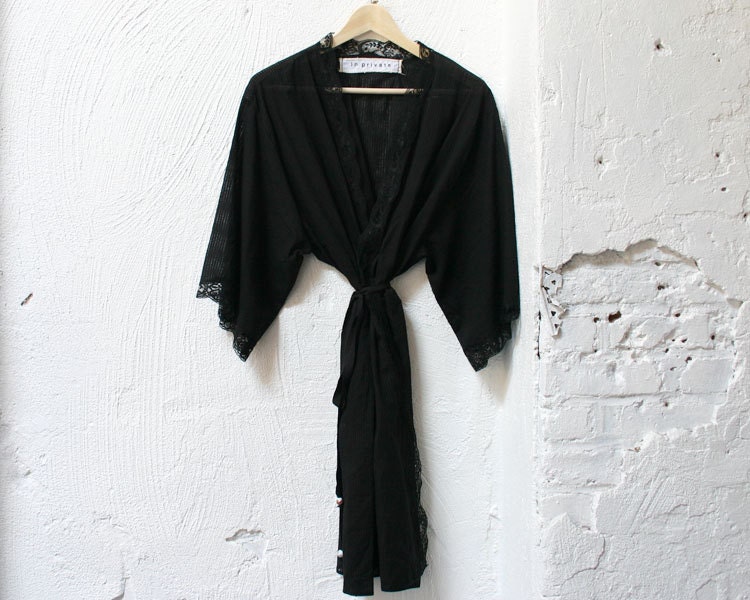 Black Sheer Striped Cotton Lawn and Lace Robe