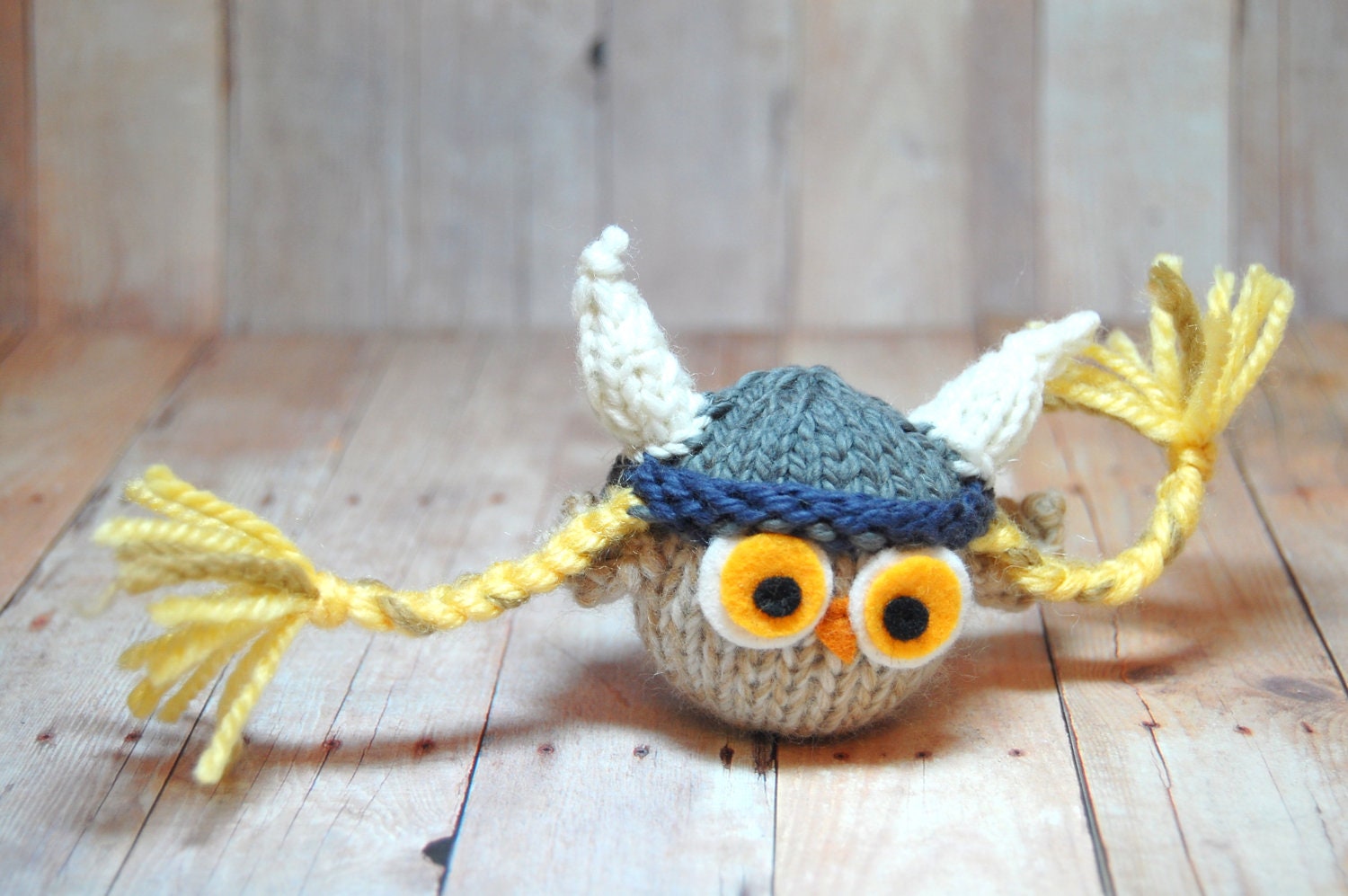 Owl with Viking Hat Toy Knit Woodland Bird Waldorf Viking Owl Plush Softie Ornament Decor Natural Fibers