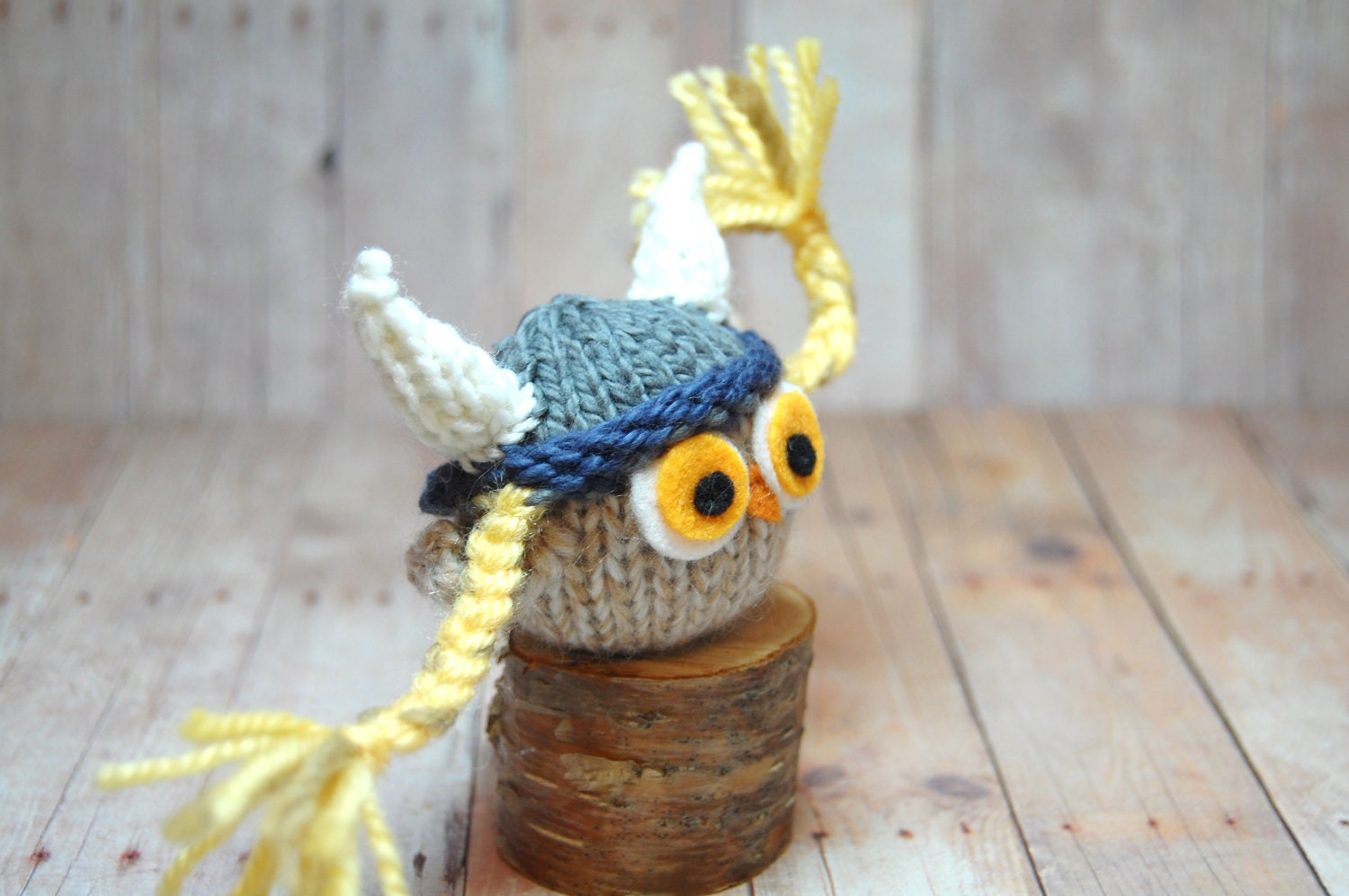 Owl with Viking Hat Toy Knit Woodland Bird Waldorf Viking Owl Plush Softie Ornament Decor Natural Fibers