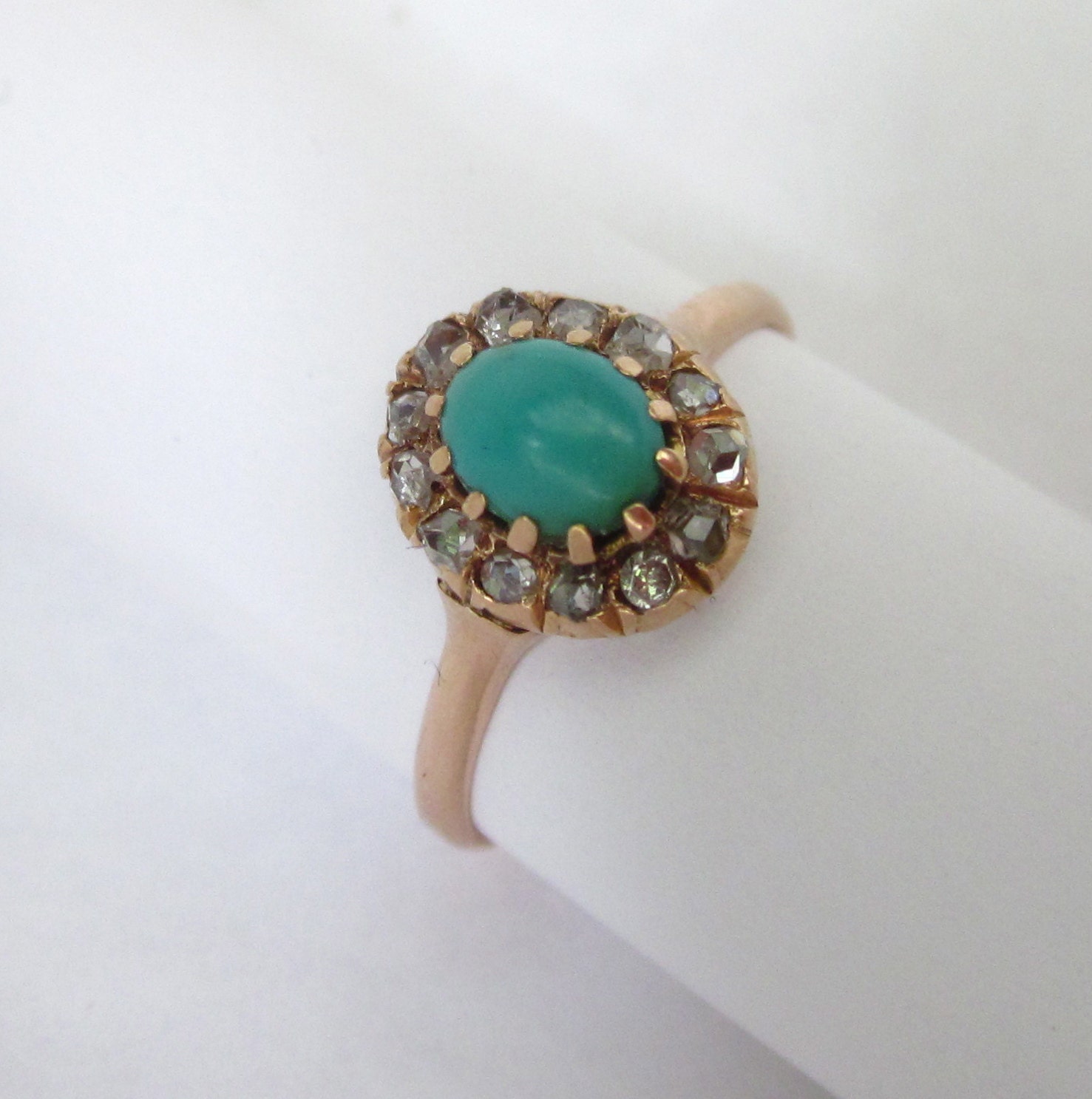 Antique Victorian Turquoise and Diamond Engagement 14K Ring