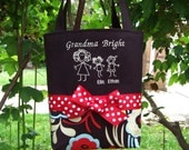 Personalized Tote Bag - Stick Figure Mom Dad Teacher Baby Girl Boy Dog Cat Bird - You Choose Fabrics - Custom Made to Order