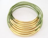 Juniper Green Leather Bangles with Gold or Silver Tubes