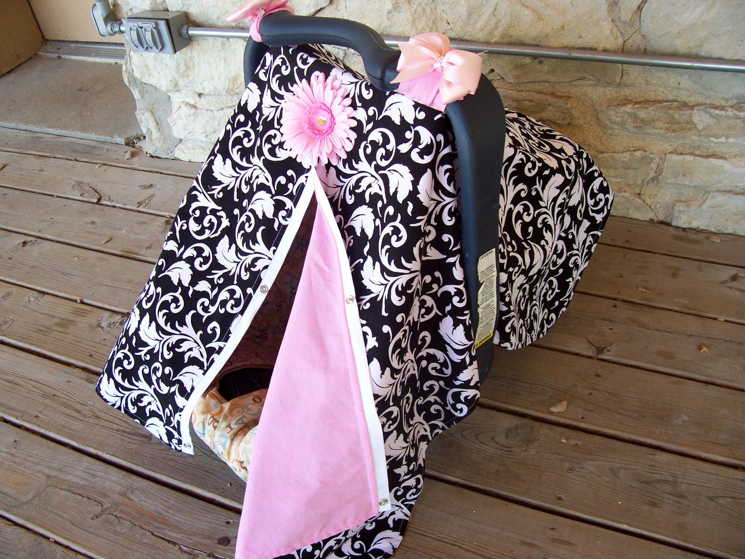 3 in 1 Car Seat Canopy, Nursing Cover, and Blanket with FREE Daisy Flower Clip--Damask and Baby Pink--Girl Car Seat Canopy--Carseat Canopy