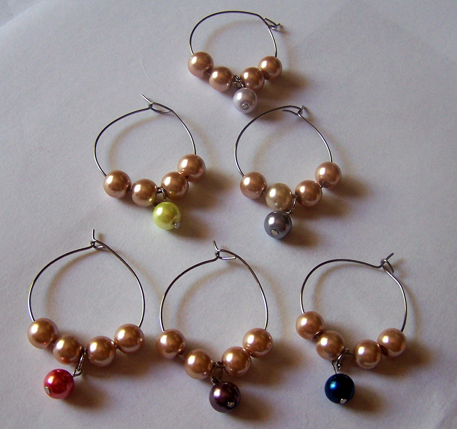 pearl handmade wine glass charms,pink, blue, coral, green pearls, set of 6, elegant, party chic