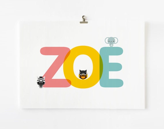 Personalized Custom Children's Alphabet Name large art prints, Nursery baby wall art, Kid wall arts with animal 11 x 16