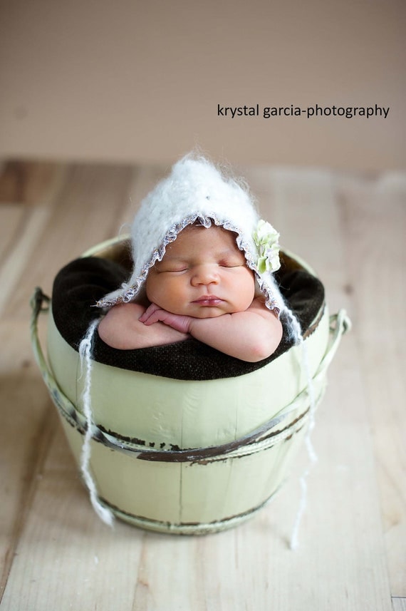 Newborn White Bonnet with Ruffle and Flowers