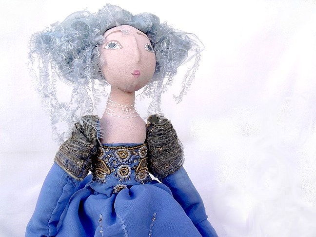 Summer Blue gold One of a kind art doll with pearls, Soft Sculpture jointed handmade handsewn handpainted  cloth doll with handsewn dress