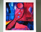 The Bird and the Moon - Print from mixed media original in pinks and blues