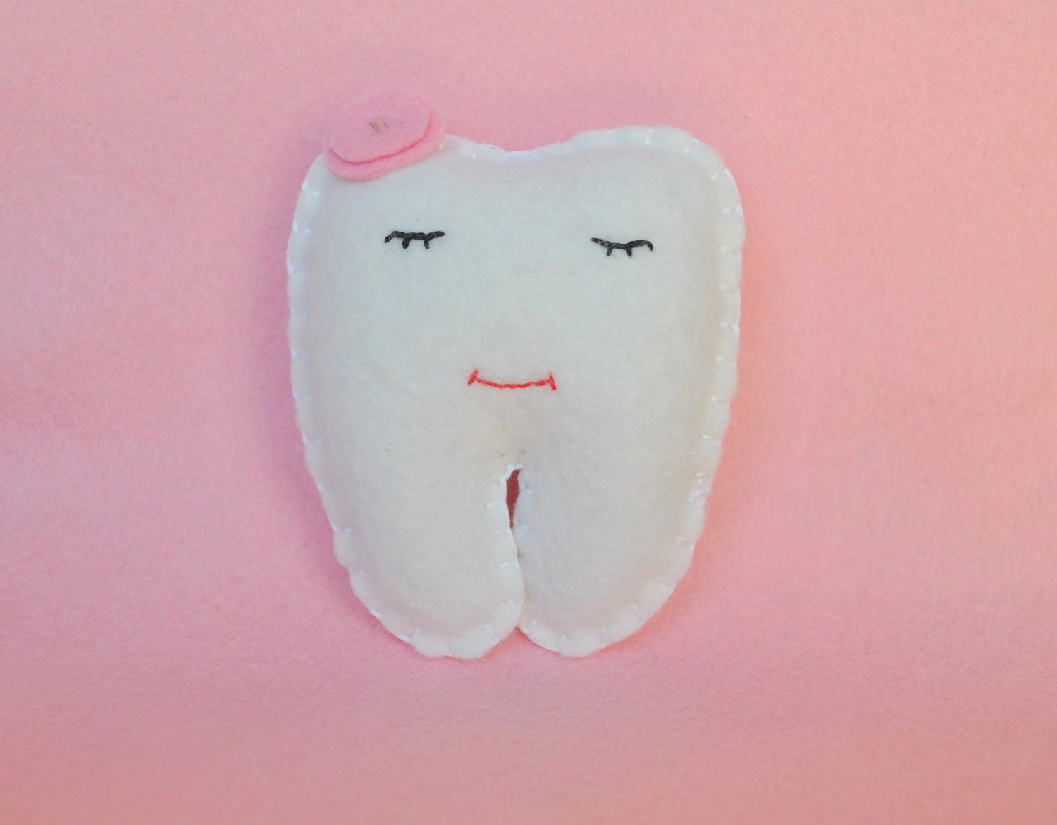 Mini Tooth Fairy Pillow shaped like a little tooth--white, teal, blue and pink, flower