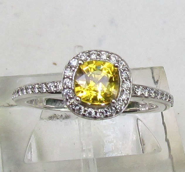 Yellow Sapphire Engagement Ring 14k White Gold Diamond Halo Square Cushion Shape September Birthstone Gemstone Jewelry