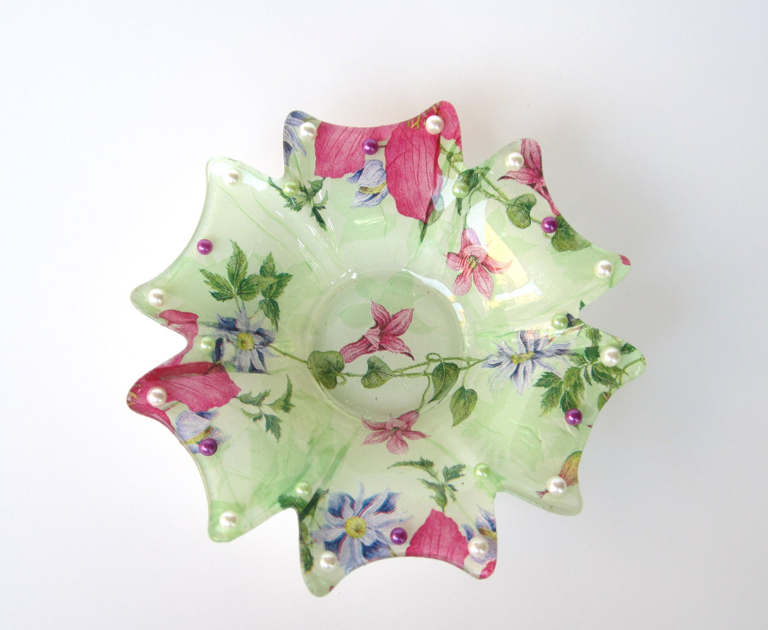 Candleholder Dish Green Floral With Pearly Accents - IllusionCreations