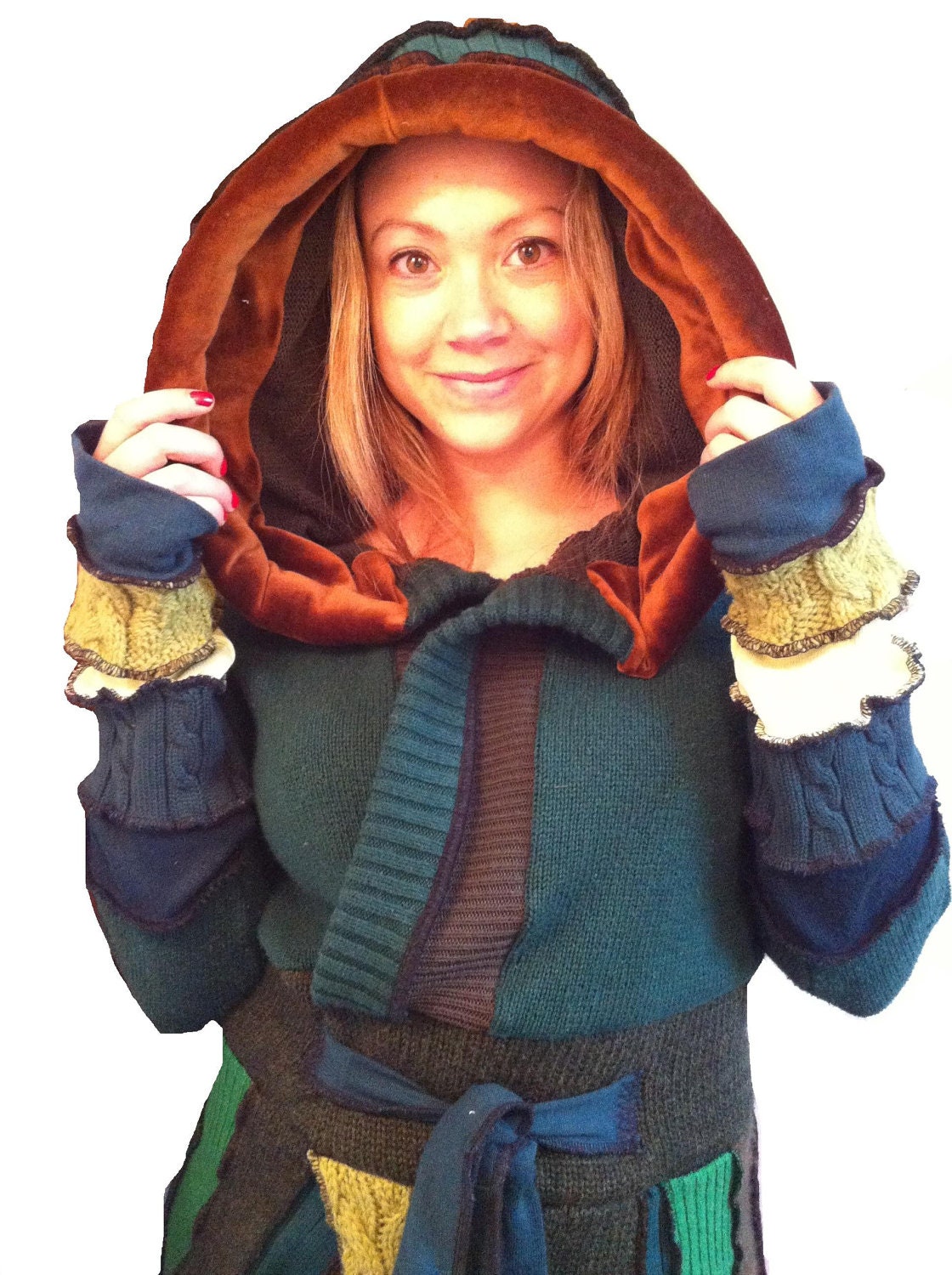 TUTORIAL PATTERN Wood Nymph Green upcycled  Hooded sweater coat extra large