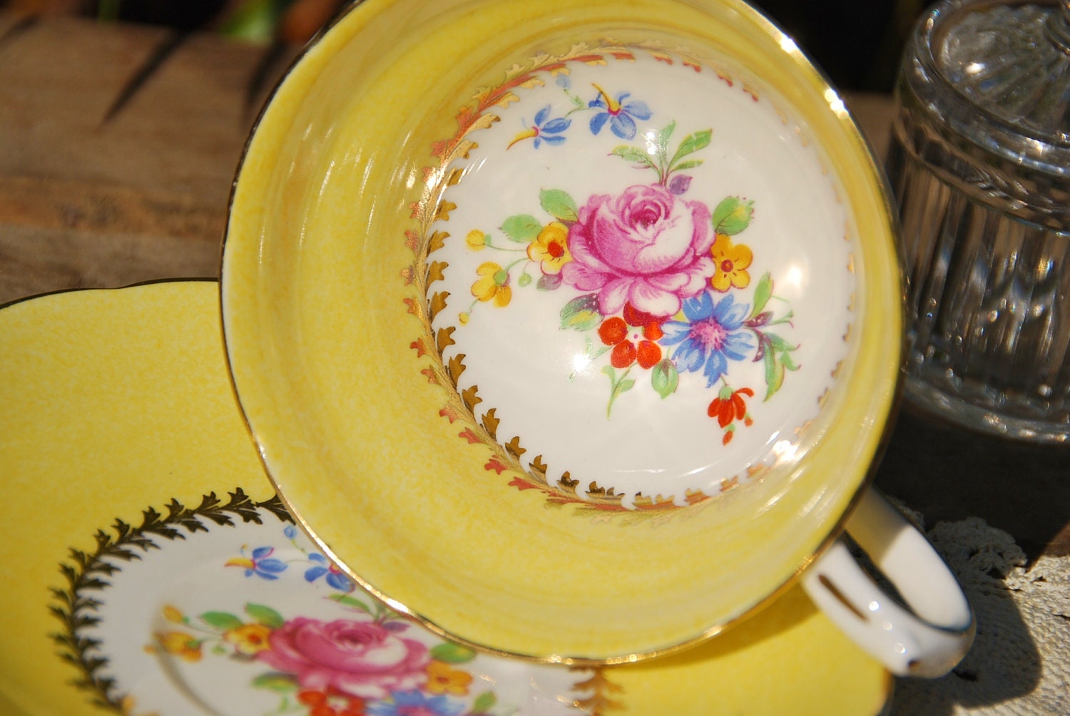 Sunny WESTBROOK Tea Cup and Saucer, Yellow/ Floral/Gilt, England