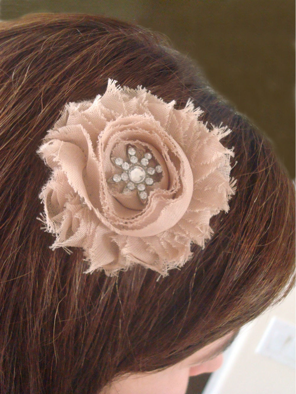 Hair Clip - Champagne Shabby Rose with Rhinestone Center - Bridesmaids, Wedding, Date Night