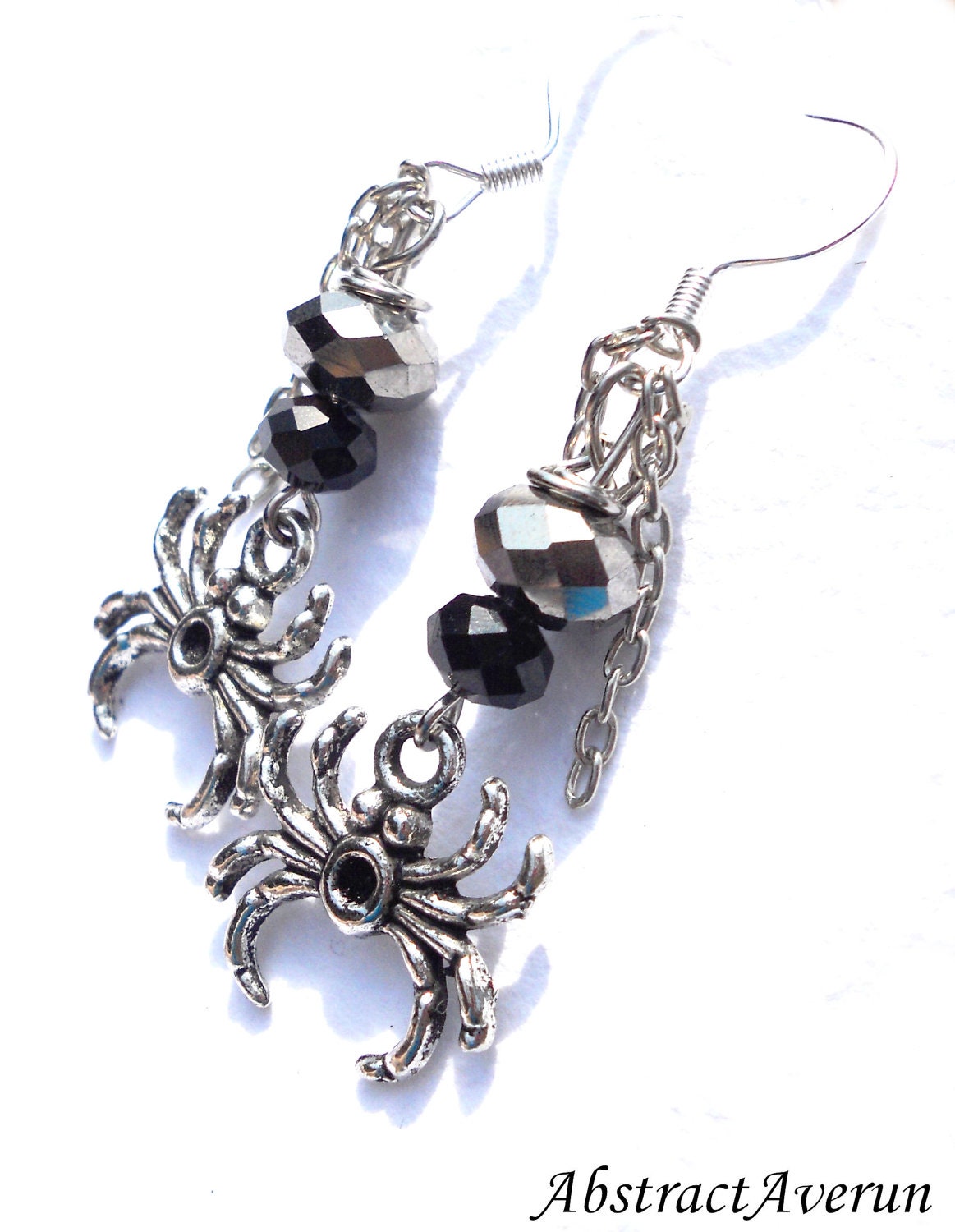 Spider Earrings - Halloween Earrings - Grey Crystal Rondelle Beads, Chain Dangle Earrings - AbstractAverun