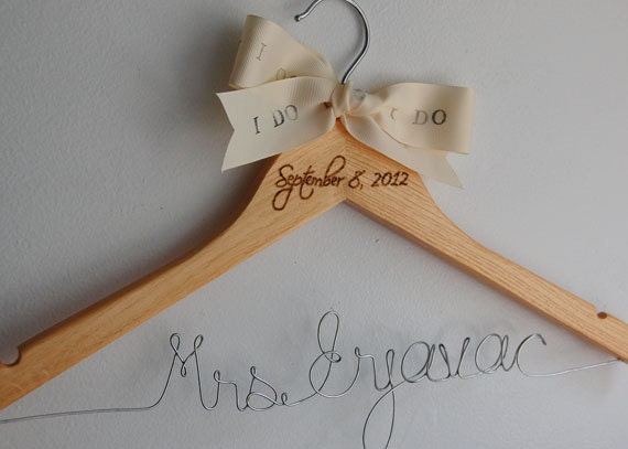 Personalized Natural Wood Wedding Hanger/Bridal Hanger - ORIGINAL Wood Burning with Hand Stamped Ribbon