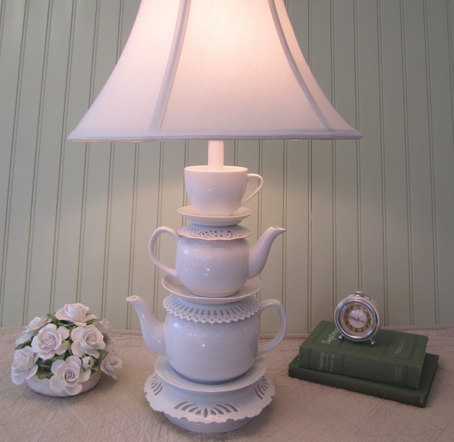 Teapot Lamp, White Stacked Teapots Tea Cup and Saucers, "Alison" Series, Alice in Wonderland Shabby Chic Country Beach Cottage