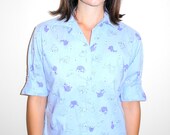 Vintage 50s 60s Blue Purple Black and White Puppies and Flowers Men's Tailored Blouse Medium M