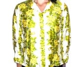 Vintage 50s Green and Yellow Rose Floral Rhinestone Blouse Medium M