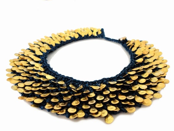 Navy Blue Gold Charms Fashion Knitted Collar Necklace
