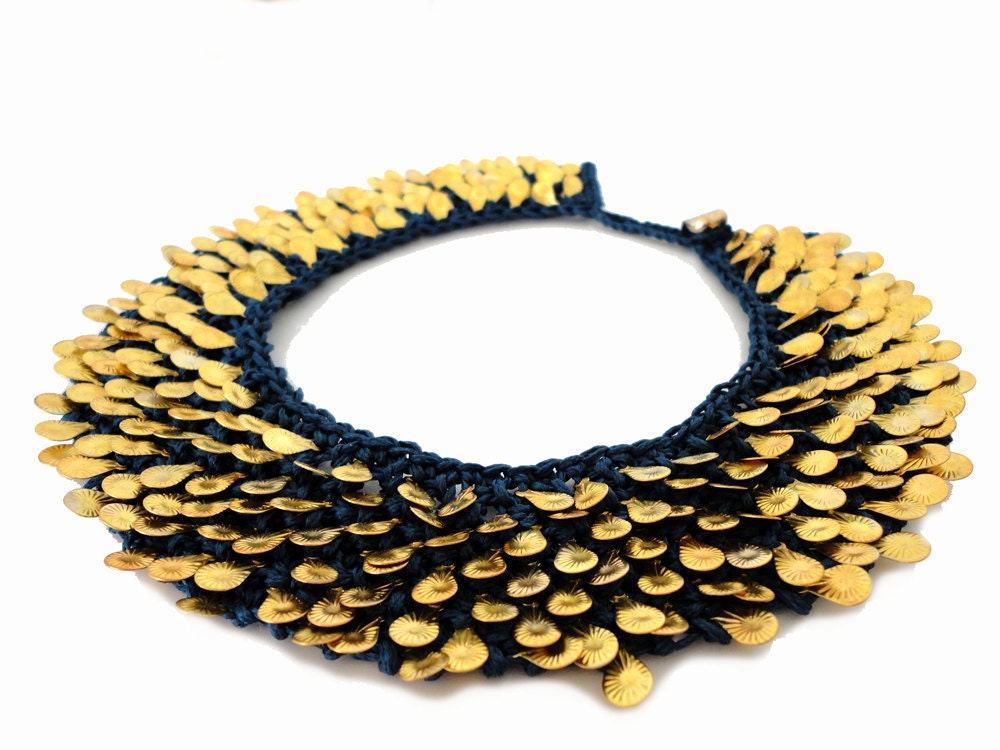 Navy Blue Gold Charms Fashion Knitted Collar Necklace
