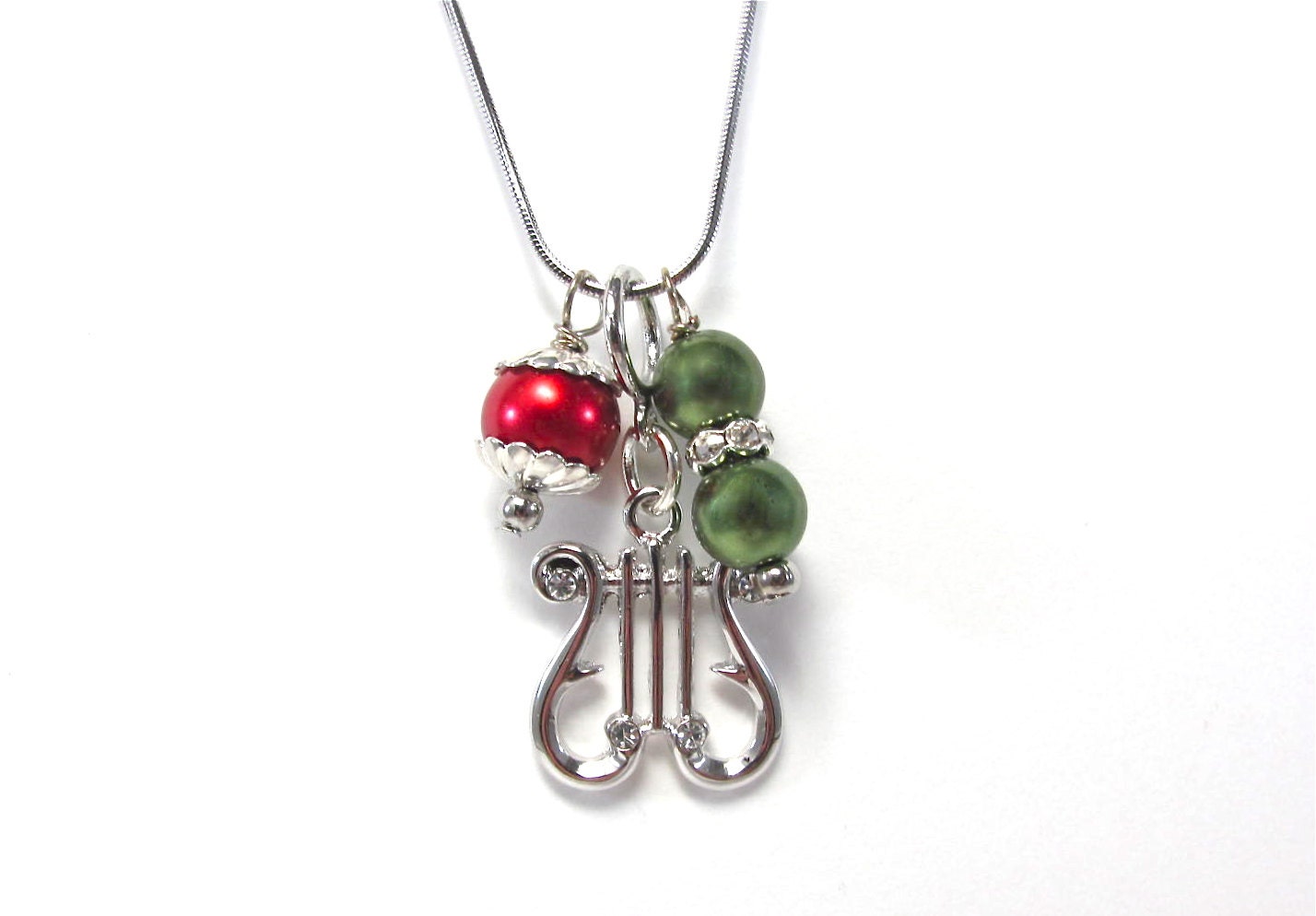 Silver Lyre Necklace - Scarlet Red and Olive Green Pearls - Greek Sorority - Harp