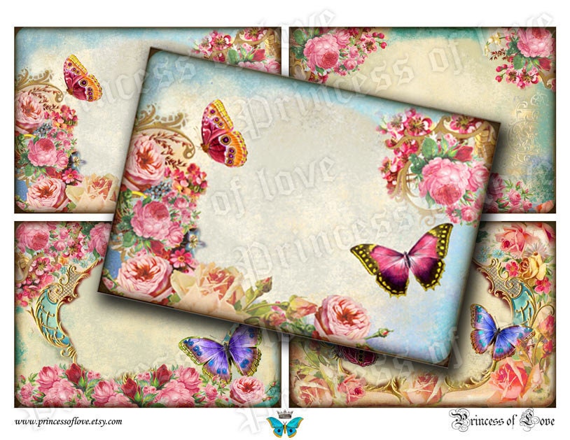 ROCOCO LOVE - Butterfly frames roses papers for scrapbooking. Vintage postcards, gift tags. Printable digital images collage sheet. l4083