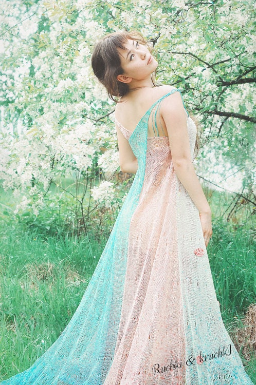 Dress maxi crochet knitted boho gypsy grecian goddess wedding hand dyed degrade ombre turquoise shell silk " Aphrodite Anadyomene"