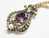 Vintage Amethyst Rhinestone Pendant Necklace 70s